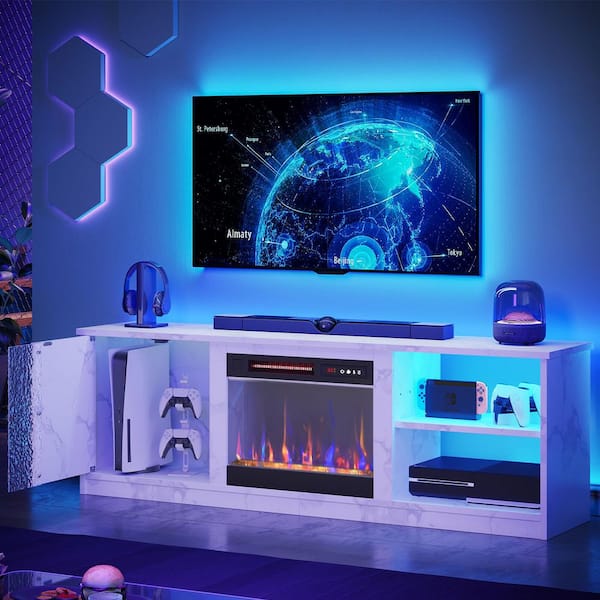 63 in. Marble White TV Stand with Electric Fireplace Fits TVs up to 75 in. Entertainment Center Cabinet and LED Light