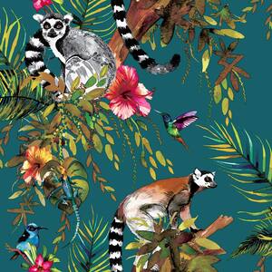 Tropical Lemur Teal Wallpaper