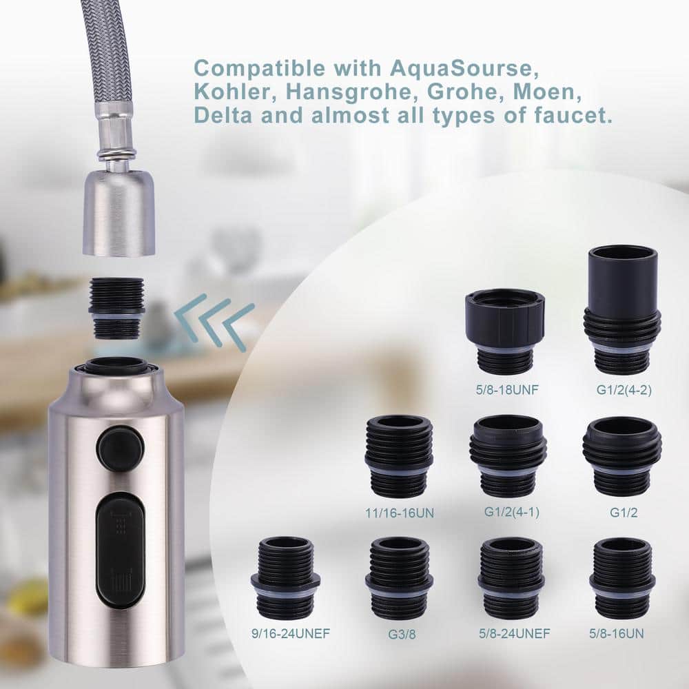 Brushed Nickel 3-Function Kitchen Faucet Sprayer Head with Adapters
