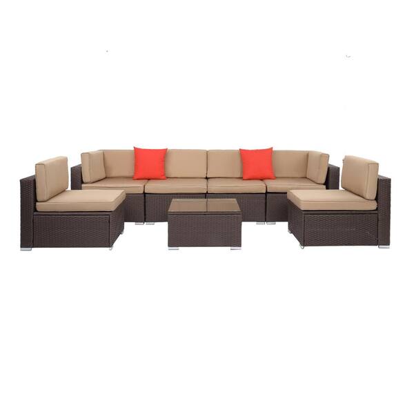 Karl home Brown 7-Piece Wicker Outdoor Sectional Set with Beige Cushions