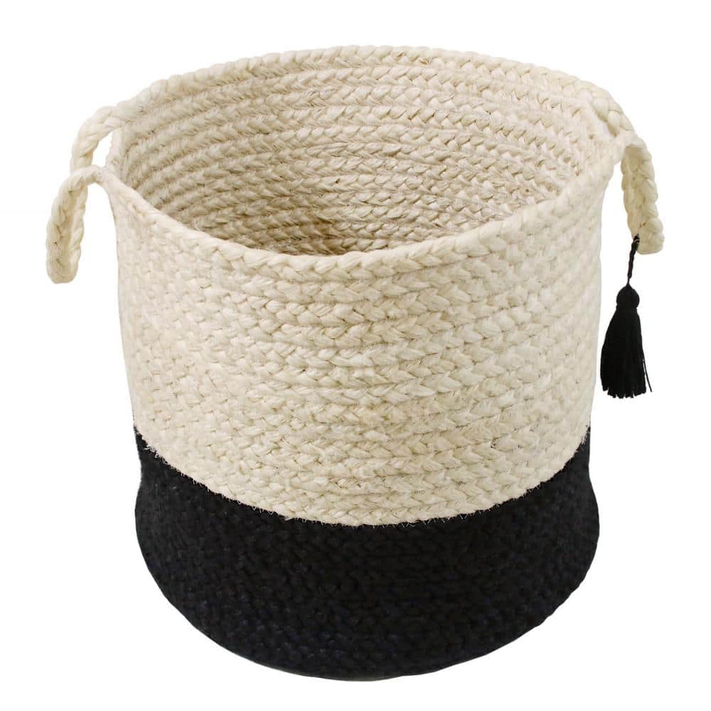 17" Cream and Black Round Jute Storage Basket