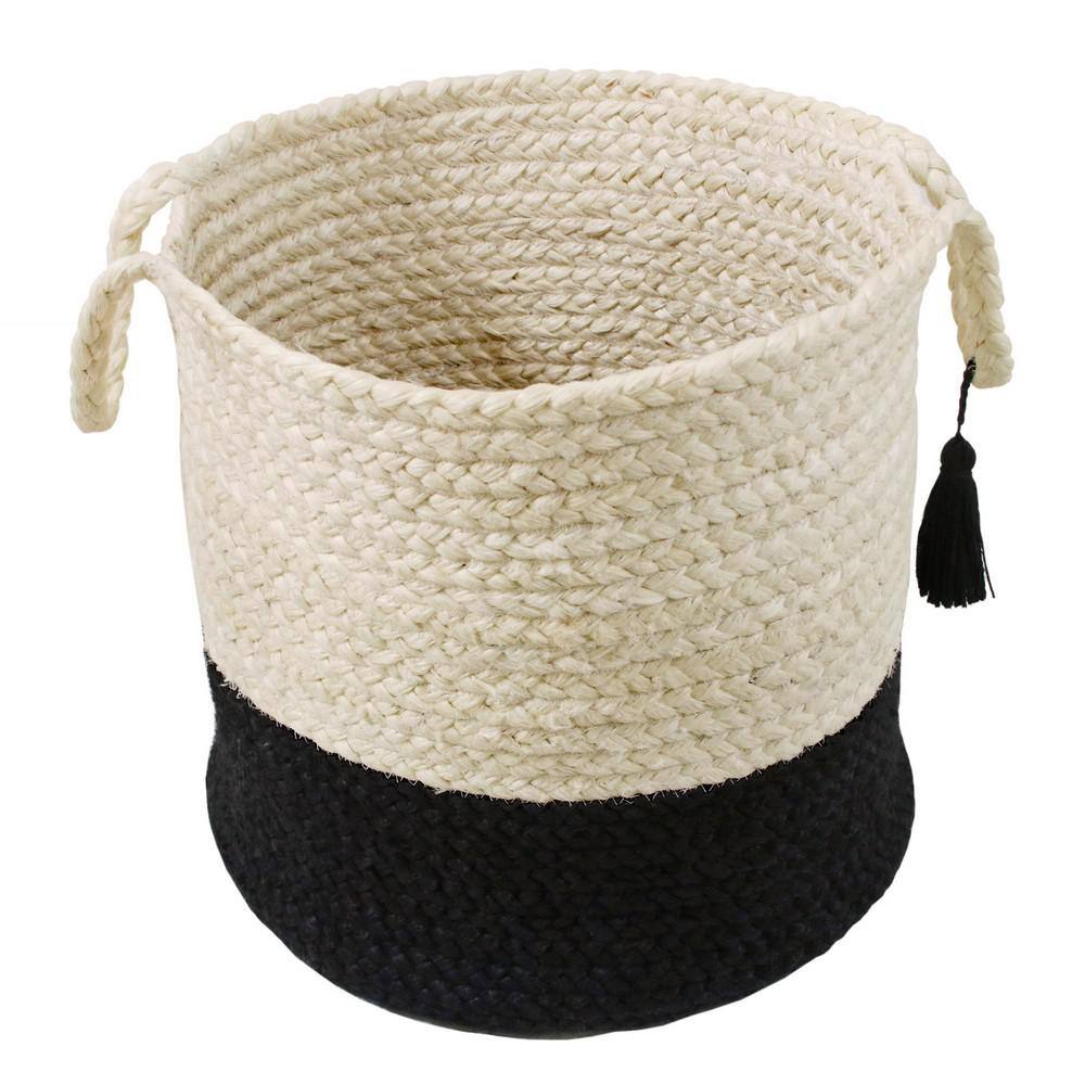 17" Cream and Black Round Jute Storage Basket