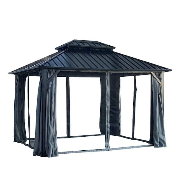 10 ft. x 12 ft. Hardtop Gazebo with Galvanized Steel Double Roof Aluminum Frame Curtains Netting for Patio, Lawn, Garden