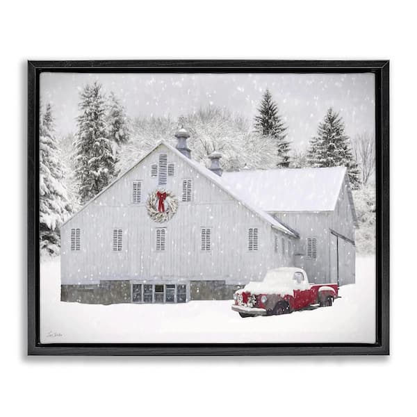 Red Truck and Snowy Farmhouse by Lori Deiter 1-Piece Black Floater Frame Graphic Nature Art Print 25 in. x 31 in.