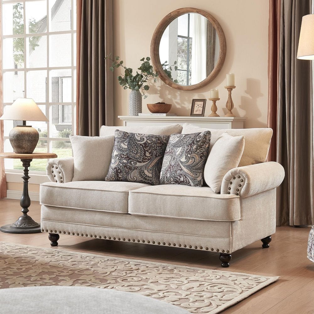 64 in. Chesterfield Couch Beige Chenille 2-Seater Loveseat with Rolled Arm Comfort Nailhead Sofa for Living Room price history on PriceWatchPro