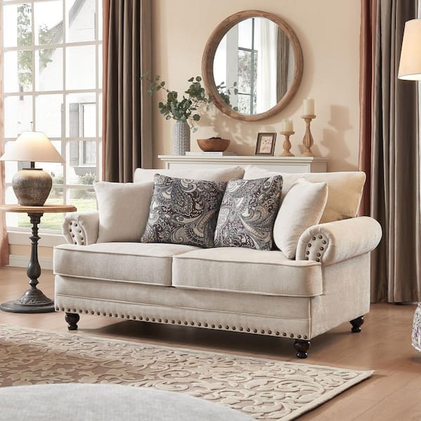 64 in. Chesterfield Couch Beige Chenille 2-Seater Loveseat with Rolled Arm Comfort Nailhead Sofa for Living Room