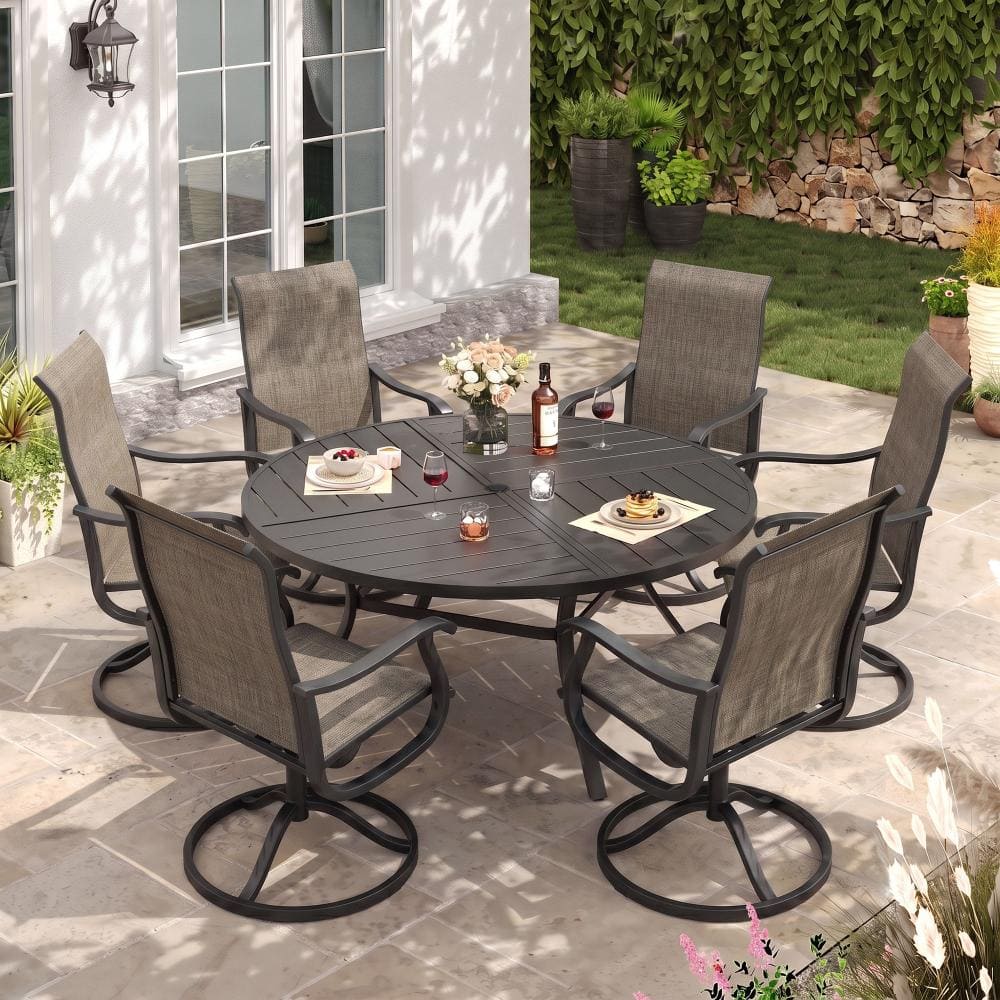 7-Piece Metal Outdoor Patio Dining Set with Round Table and High Back Padded Textilene Swivel Chairs in Brown price history on PriceWatchPro