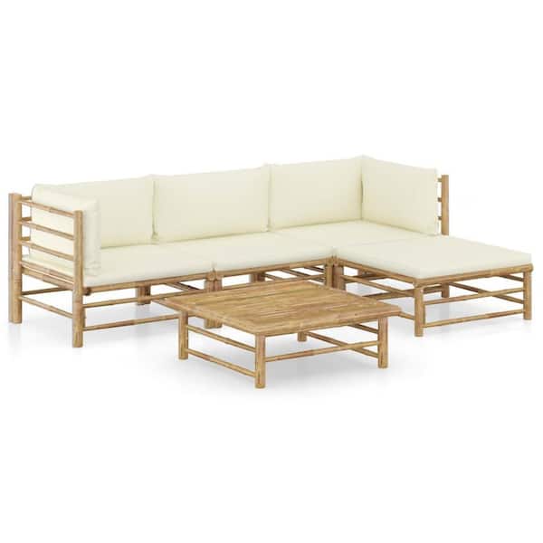 Tunearary Beige 5-Piece L Shape Patio Furniture Set Wood Outdoor Sectional Seat with Beige Cushion, Coffee Table