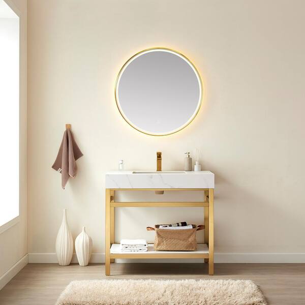ROSWELL Funes 36 in. W x 22 in. D x 33.9 in. H Single Sink Bath Vanity in Brushed Gold Metal Stand with White Sintered Stone Top