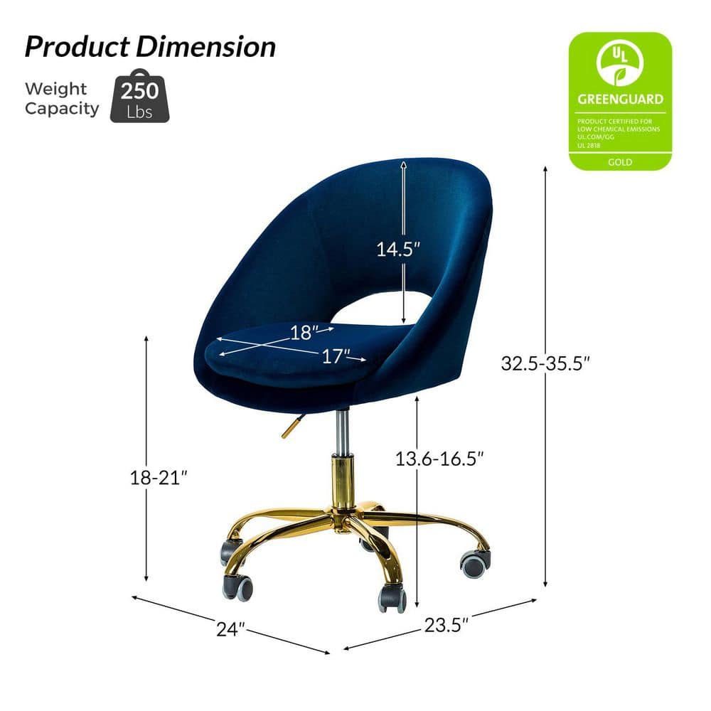 Ergonomic Navy Velvet Swivel Task Chair with Gold Metal Base