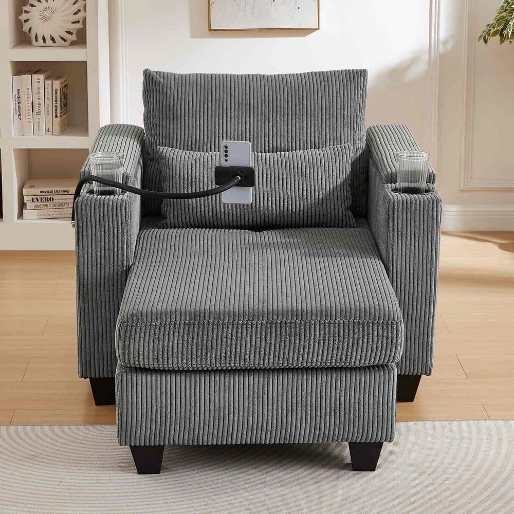 37.4 in. Square Arm Corduroy Square with USB Ports, Cup Holders, A Phone Holder and Ample Storage Space Sofa in Grey