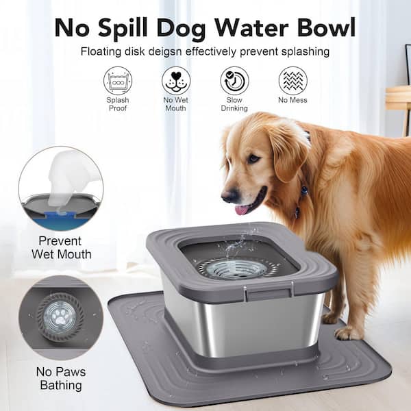 10L Stainless Steel Dog Water Bowl with XXL Silicone Mat Spill-Proof Slow  Feeder for Indoor/Outdoor Use Grey 746PH01222D - The Home Depot
