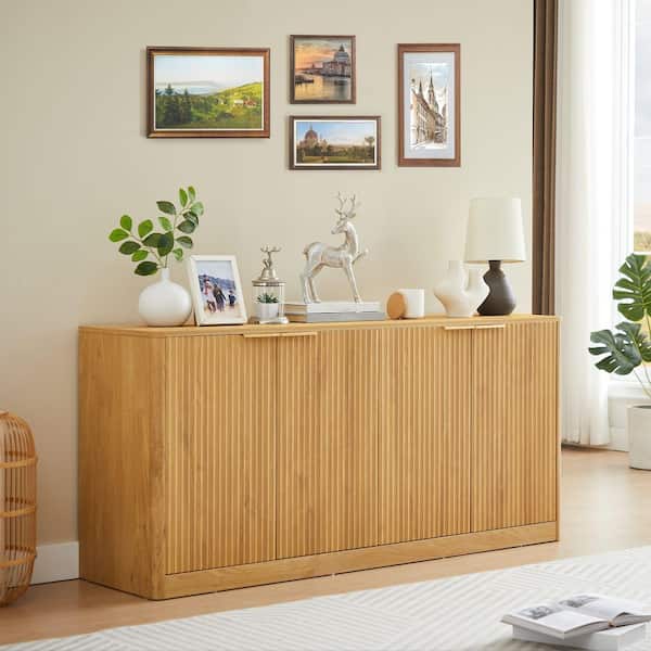 59 in. W Natural Finish Wavy TV Stand Fits TVs up to 60 in. Sideboard Storage Cabinet Curved Contour 4-Door