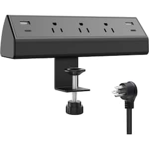 3-Outlet Desk Clamp Power Strip Surge Protector Fit 1.96 in. Tabletop Edge with 6 ft. Flat Plug Extension Cable-Black