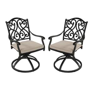 Black Cast Aluminum Metal Outdoor Patio Stackable Retro Pattern Swivel Dining Chair with Beige Cushion for Yard (2-Pack)