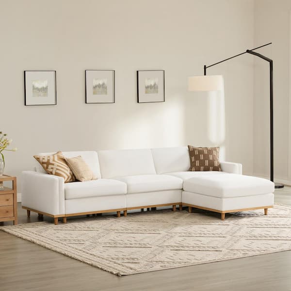 Aria 118 in. 4-Piece Square Arm Fabric Modular Sectional Sofa in Cream with Ottoman and Overstuffed Cushions