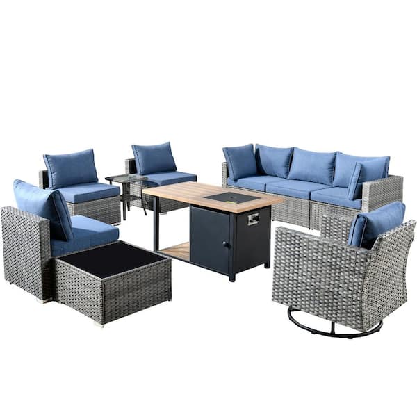 Sanibel Gray 10-Piece Wicker Patio Conversation Sofa Set with a Swivel Chair, a Storage Fire Pit and Denim Blue Cushions