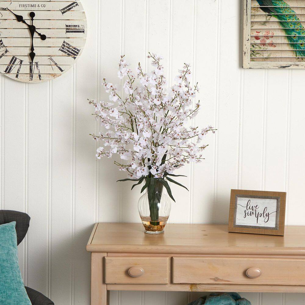 White Silk Orchid Arrangement in Clear Glass Vase