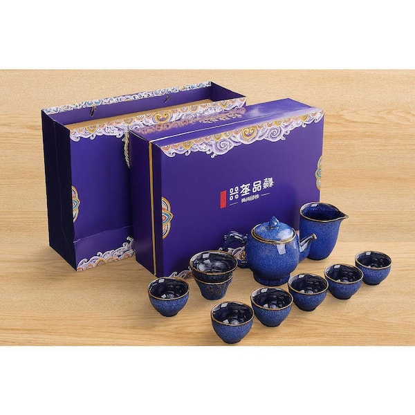 JFVKAF Porcelain Chinese Gongfu Tea Set 9-Piece Set Blue Glaze