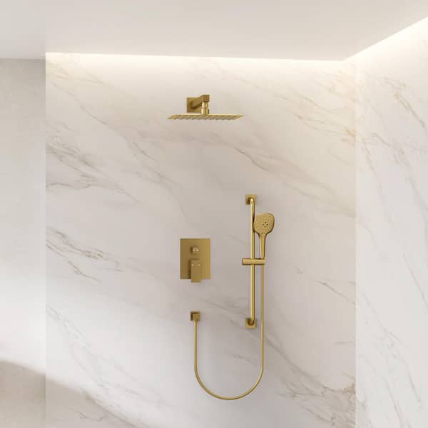 2-Spray Wall-Mounted Rain Shower System with 10 in. Shower Head, Handheld Shower, Valve in Brushed Gold