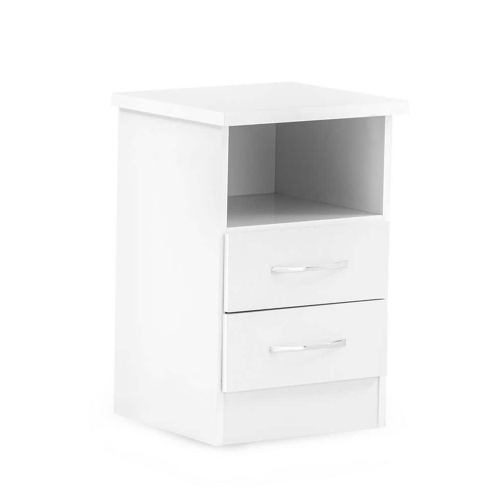 White Engineered Wood Modern 2-Drawer Nightstand with Open Shelf