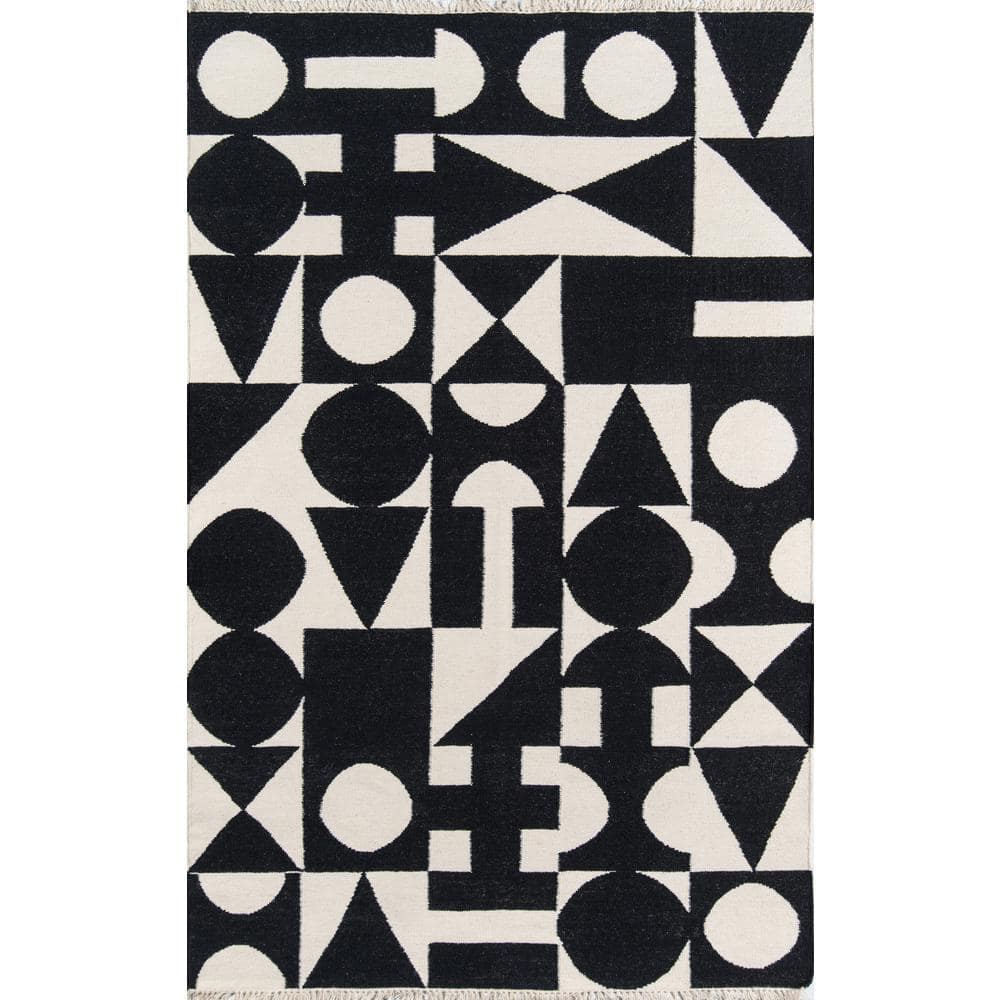 Black and White Geometric Wool Handmade Runner Rug