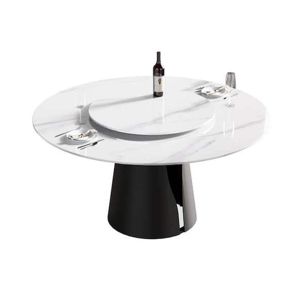 FORCLOVER White Stone 59 in. Black Carbon Steel Pedestal Base Round Luxury Revolving Modern Dining Table for Dining Room (Seats 8)