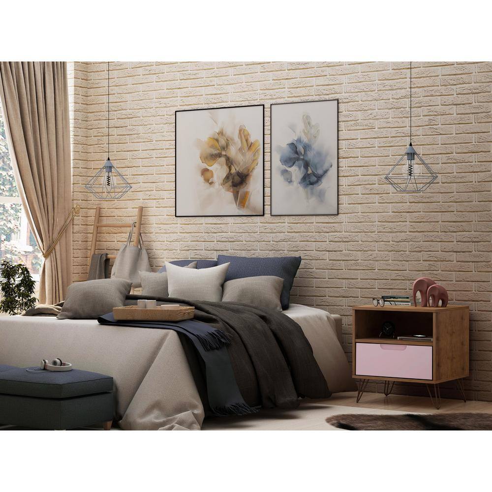 Mid-Century Modern Pink and Wood Nightstand with Hairpin Legs