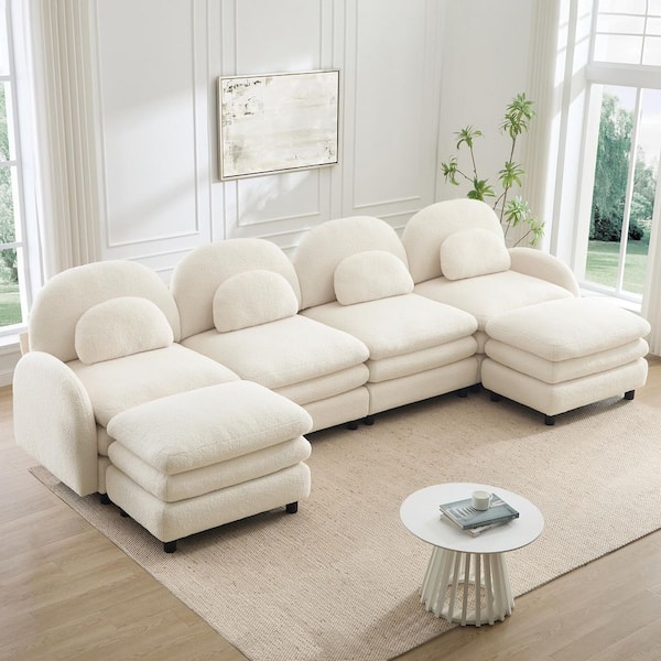 Lindsay 129.1 in. Flared Arms Fabric U-Shaped Sectional Sofa in Beige, Curved Backrest, Curved Pillows, 2 Ottomans