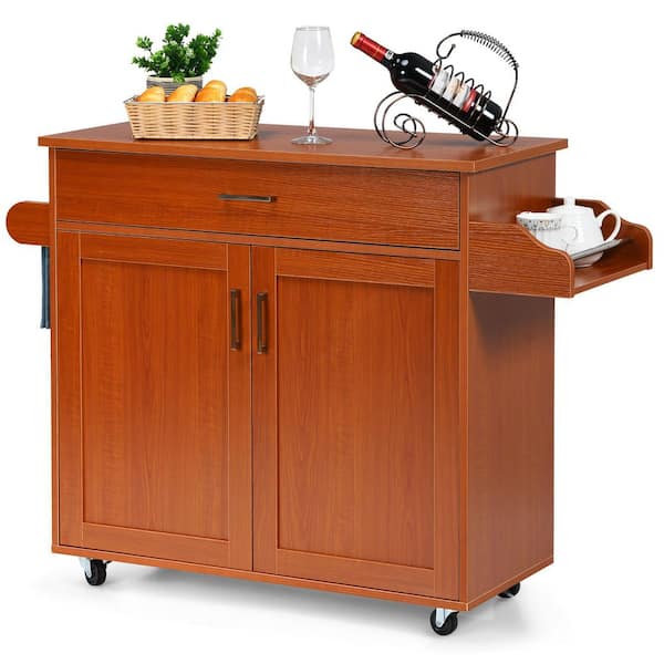 Costway Rolling Kitchen Cherry Island Cart Storage Cabinet with Towel and Spice Rack