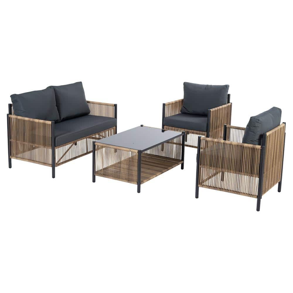 ITOPFOX Brown 4 Piece Round Tube Metal Frame PE Wicker Outdoor Sectional Set Sofa Set With Gray