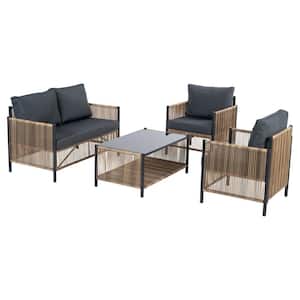 Brown 4-Piece Round Tube Metal Frame PE Wicker Outdoor Sectional Set Sofa Set with Gray Cushions and Top Glass Table