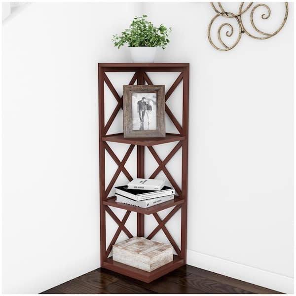 Lavish Home 38.25 in. Brown Wood 4-shelf Corner Etagere Bookcase with Open Storage