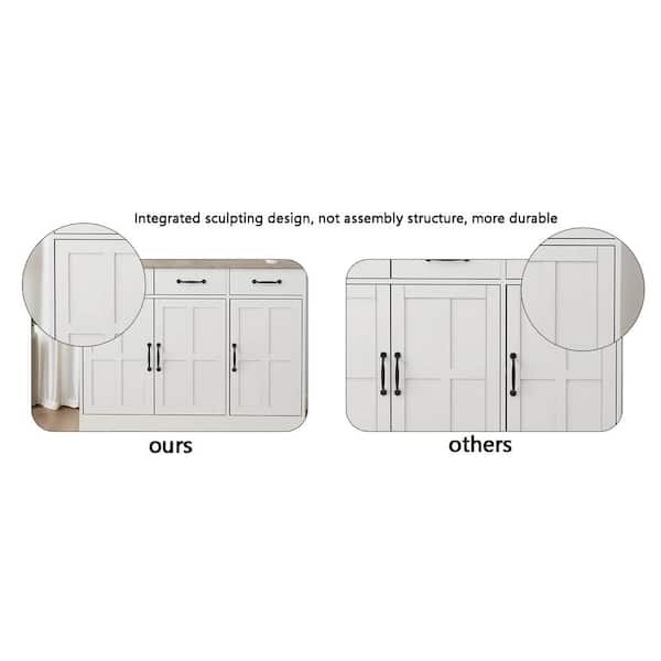 White Wood 48 in. Kitchen Island with Drawers, Farmhouse Buffet  