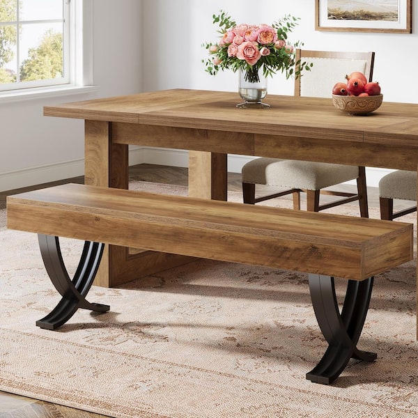 Brown Farmhouse Dining Bedroom Bench Wooden Kitchen Table Seat with Metal X-Shaped Legs 55 in. for Dining Room, Entryway