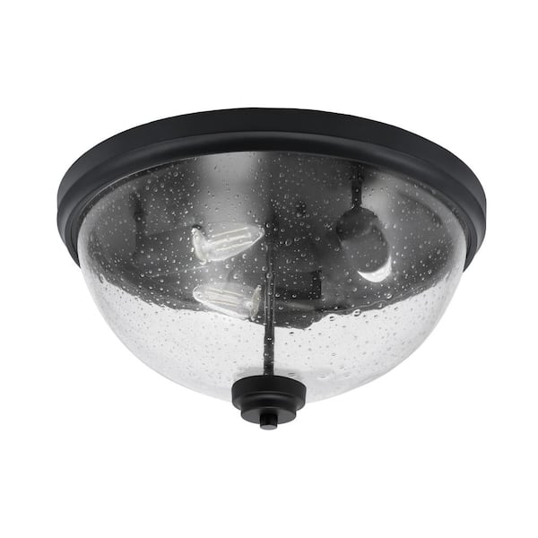 Unbranded Ashland 16 in. 3 Light Matte Black Flush Mount with Clear Bubble Glass Shade No Bulbs Included