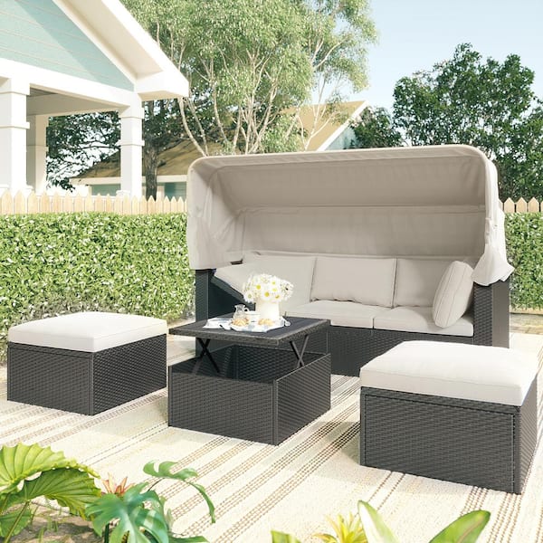 Zeus & Ruta 4-Piece Black Wicker Patio Outdoor Day Bed Sunbed with Retractable Canopy and Beige Cushions for Backyard