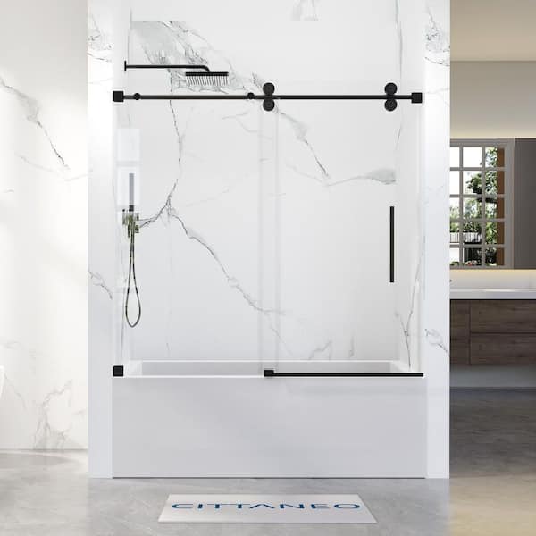 56 in. -60 in. W x 66 in. H Single Sliding Frameless Tub Door with 3/8 in. (10 mm) Tempered Clear Glass