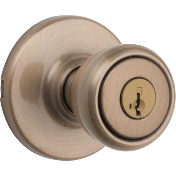 Kwikset Tylo Antique Brass Keyed Entry Door Knob Featuring SmartKey Security