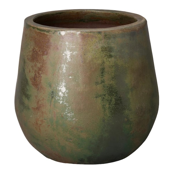 Emissary 21 in. L x 21 in. H Green Wash Ceramic Round Planter with Drainage Hole