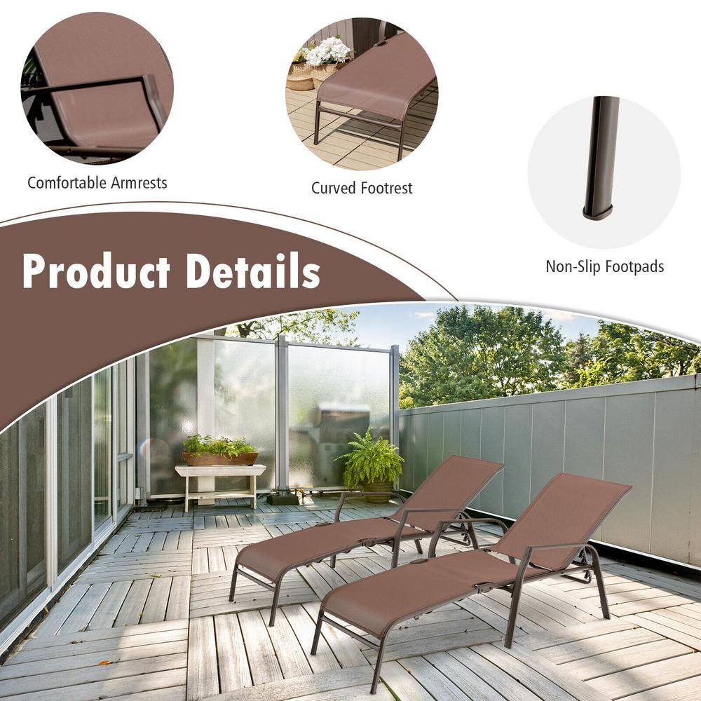 Brown Steel Adjustable Outdoor Chaise Lounge Set with Arms