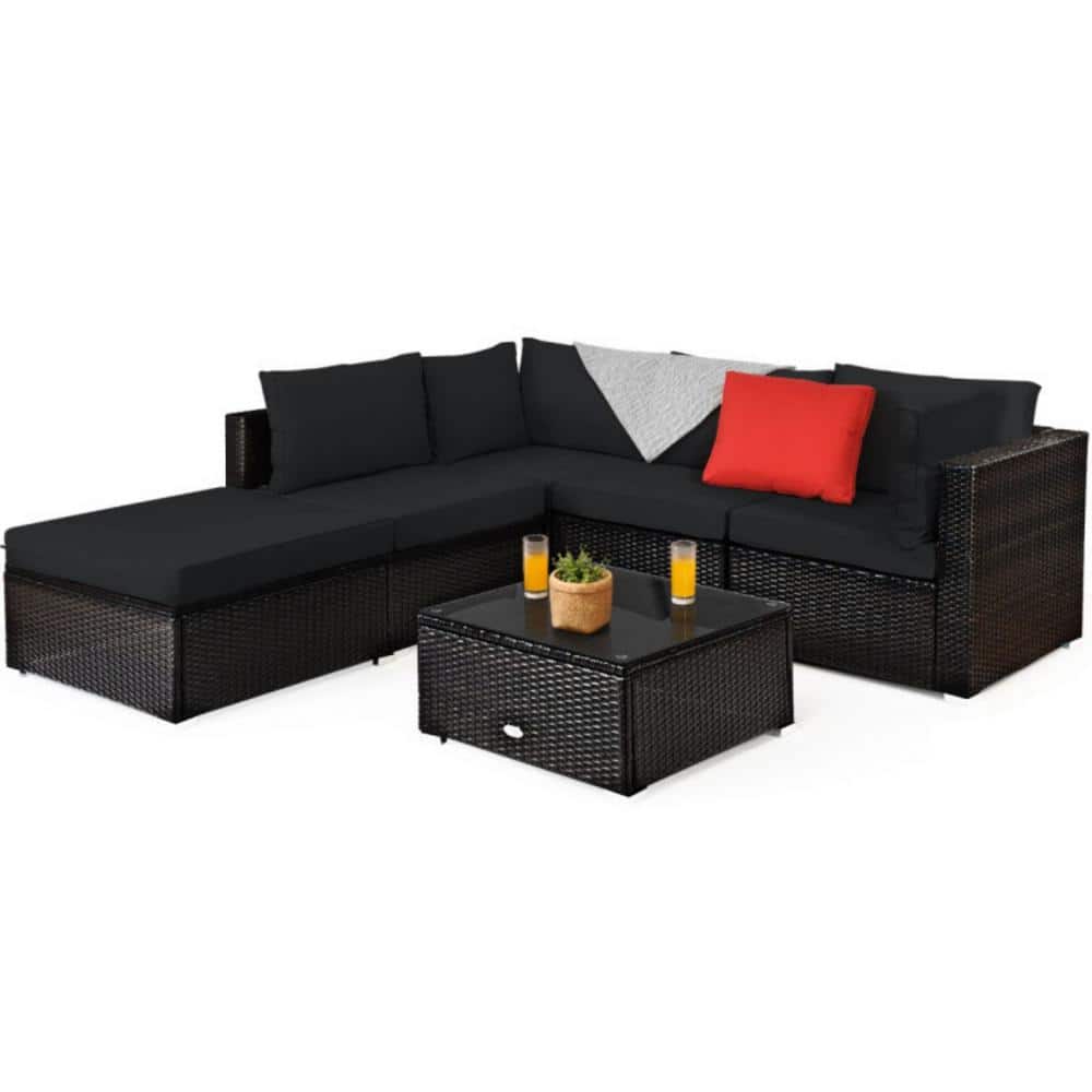 6-Piece Wicker Outdoor Patio Conversation Set Rattan Furniture Set with Black Cushions, Ottoman and Coffee Table price history on PriceWatchPro