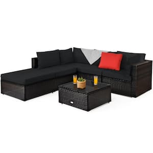 6-Piece Wicker Outdoor Patio Conversation Set Rattan Furniture Set with Black Cushions, Ottoman and Coffee Table