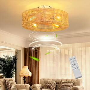 19.6 in. 4-Light Indoor Retro Farmhouse Rattan Wood Caged Enclosed Flush Mount Ceiling Fan light with Remote Control