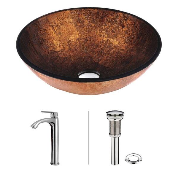 VIGO Glass Round Vessel Bathroom Sink in Russet Brown with Linus Faucet ...