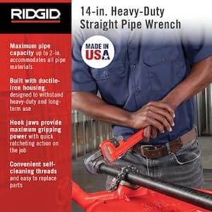 14 in. Straight Pipe Wrench for Heavy-Duty Plumbing, Sturdy Plumbing Pipe Tool with Self Cleaning Threads and Hook Jaws