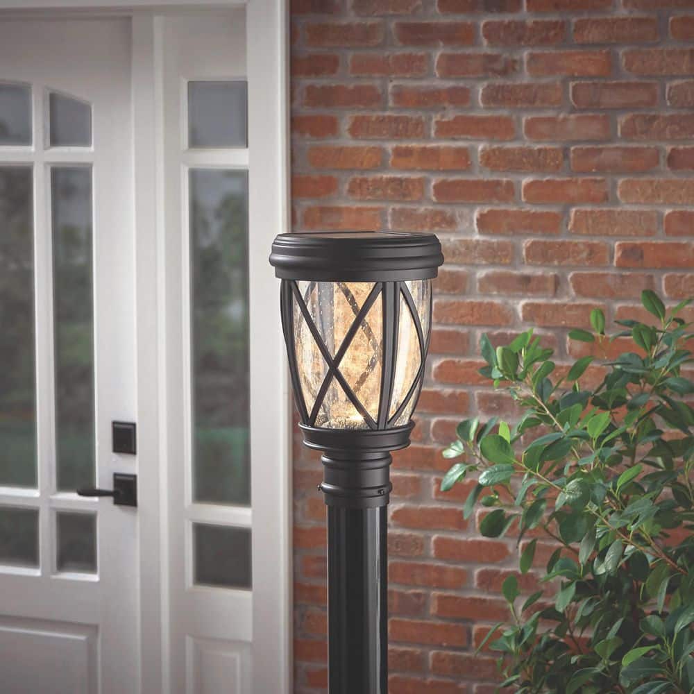 Black Aluminum Solar Post Lantern with Seeded Glass Shade