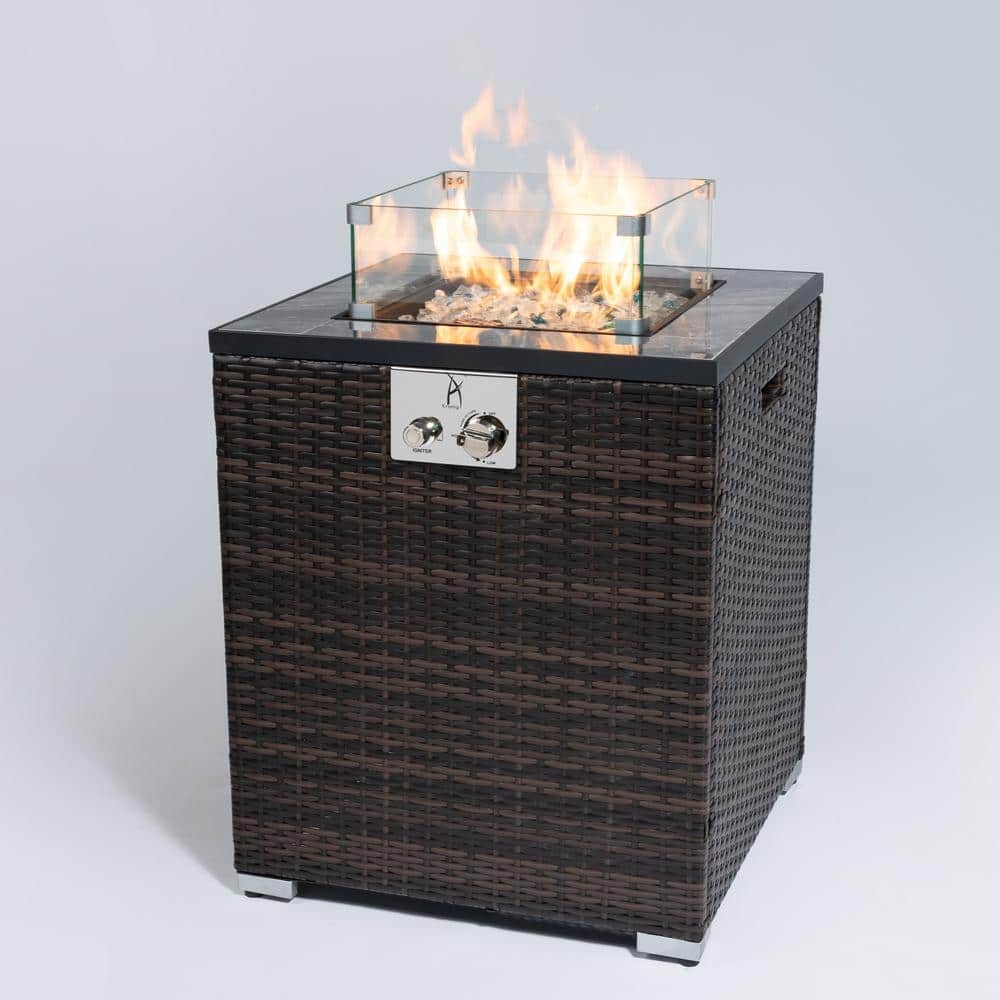 Espresso Square Wicker Outdoor Fire Pit Table with Metal Cover and Rain Cov