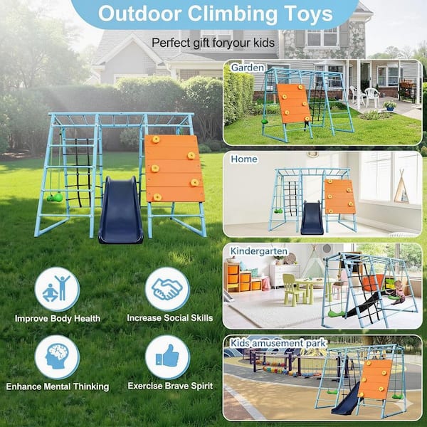 6 in 1 Indoor/Outdoor Jungle Gym Playset with Climbing Wall, Slide