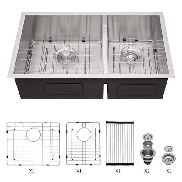 28 in. Drop-In/Undermount Double Bowl 16-Gauge Brushed Nickel Stainless Steel Kitchen Sink with Grid and Drain